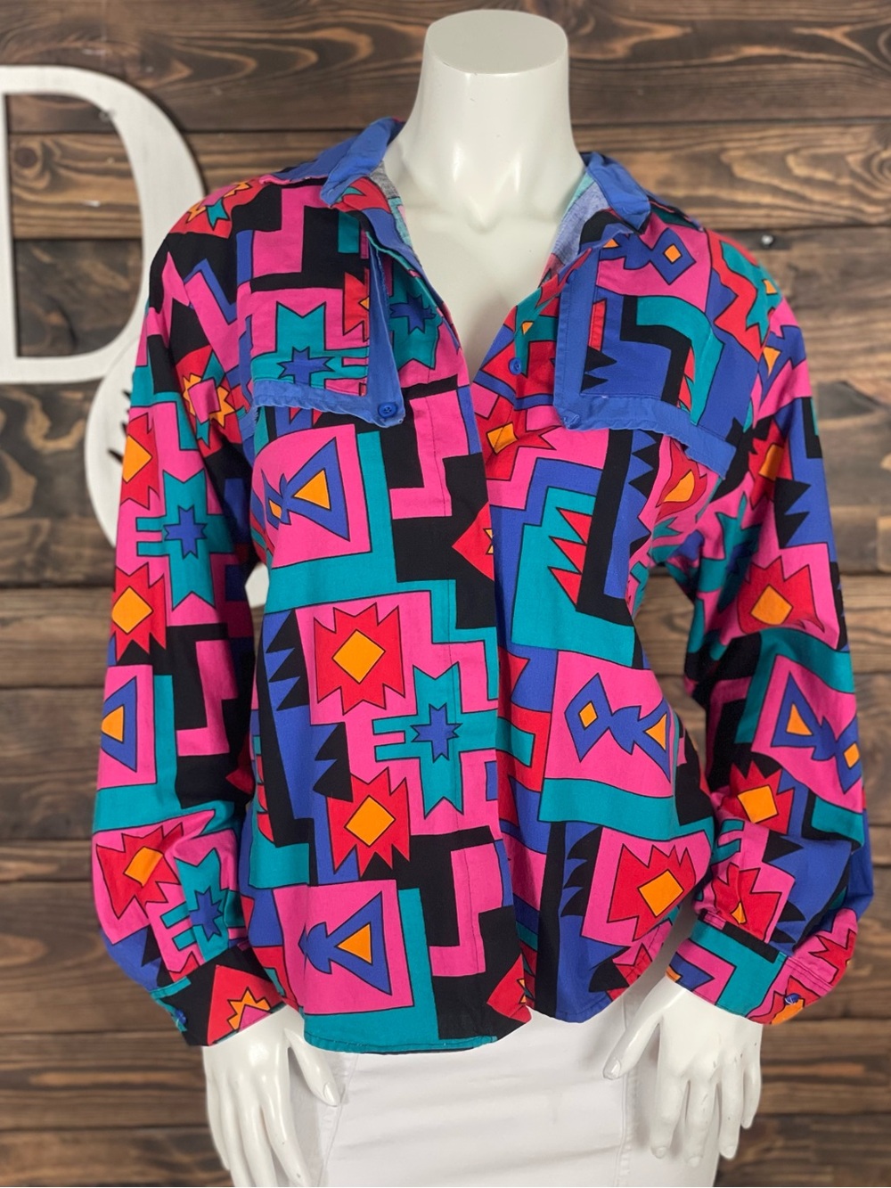 Roper |‎ Bold Abstract Geometric Print Western Button Down Blouse Vintage 70's